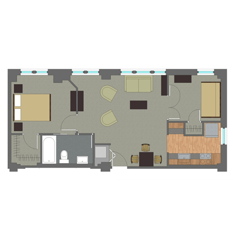 Floor plan for 2 beds, 1 bath, 666 sqft